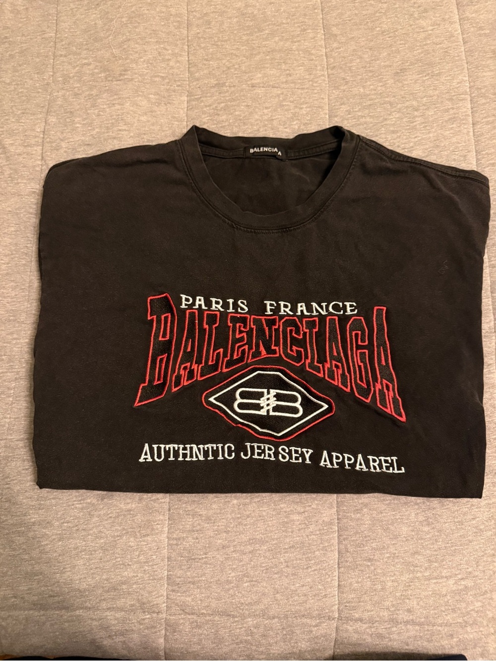 Balenciaga Black Short-Sleeve Logo Tee with Red & White Embroidery - Picture 3 of 6